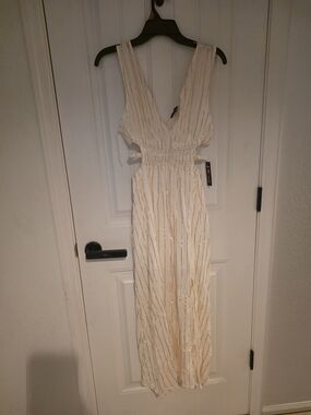 Justify Ivory Maxi Dress with Gold Stripe Detail